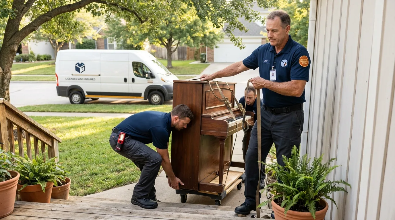 Licensed piano movers securing grand piano in Naranjito, PR